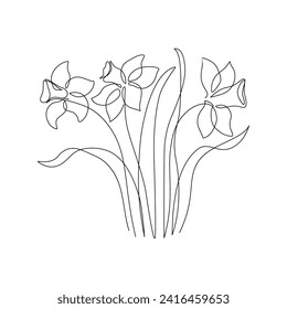 Narcissus flower in continuous line art drawing style. Narcissus black line sketch. Botanical floral linear design background. Hand drawn vector illustration for wedding poster, invitation card