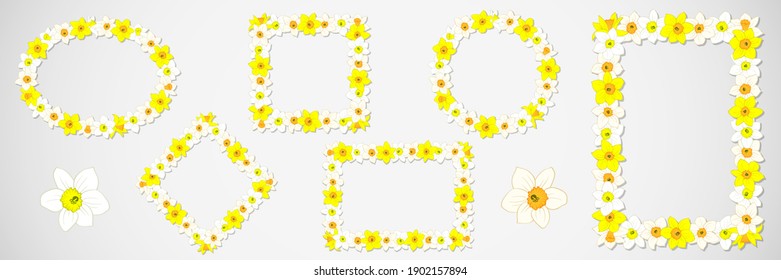 Narcissus flower frame set. Round, square, oval, rectangle, rhombus shape borders, blooming daffodils on white background. Hand drawn vector decoration for Easter greeting card, spring design.