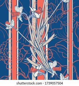 Narcissus flower. Leaves. Vegetation. Seamless vector pattern with flowers, lines and geometry.  Hand drawing.