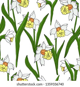 Narcissus flower pattern. Narcissus on white background. Hand drawn. For wrapping paper, fabric, poster, cover.