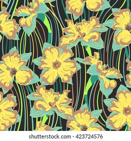 narcissus flower seamless pattern delicate yellow and black