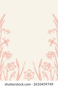 Narcissus flowers frame sketch outline illustration banner background. Narcissus flower spring botanical doodle drawing in engraving style. Hand drawn vector line art