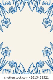 Narcissus flowers frame sketch outline illustration banner background. Narcissus flower spring botanical doodle drawing in engraving style. Hand drawn vector line art
