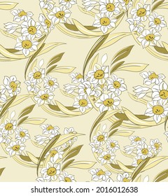 narcissus flowers japanese chinese design sketch ink paint style seamless