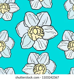 Narcissus flowers on blue backround seamless pattern for wallpapers, textiles, papers, fabrics, web pages. Floral ornament, vintage style.