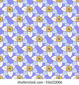 Narcissus flowers seamless pattern, hand drawn tileable vector background. Blue petals