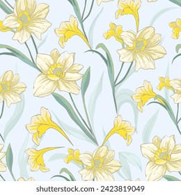 Narcissus flowers. Spring floral seamless pattern. Pastel flowers. Print for fabric, packaging, wallpaper, dishes, home textiles.