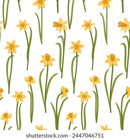 Narcissus flowers. Spring floral seamless pattern. Stylized flowers on a white background. Print for fabric, packaging, wallpaper, dishes, home textiles.