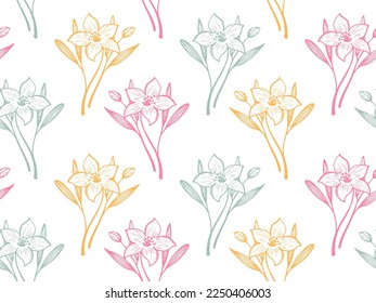 Narcissus flowers vector seamless pattern fabric print spring design. Lovely wedding ornament. Amaryllis or lily flowers outline illustration. Tropical blossom bouquet. Sketch style wallpaper