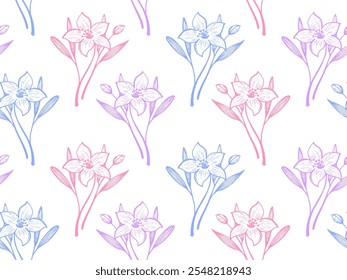 Narzisse Blumen Vektor nahtloses Muster Stoff Druck Feder Design. Blumenlinien Kunstschmuck. Amaryllis oder Lilie Blumen Umriss Illustration. Exotischer Blumenstrauß. Tapete im Stilstil