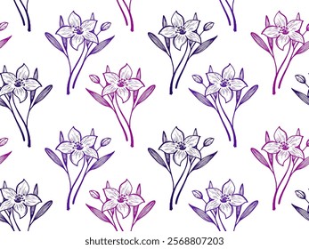 Narcissus flowers vector seamless pattern fabric print spring design. Botanical charming ornament. Lilly or daffodil flowers outline illustration. Exotic blossom bouquet. Sketch style wallpaper