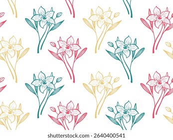 Narcissus flowers vector seamless pattern fabric print spring design. Botanical charming ornament. Lilium or narcissus flowers outline illustration. Tropical blossom bouquet. Sketch style wallpaper