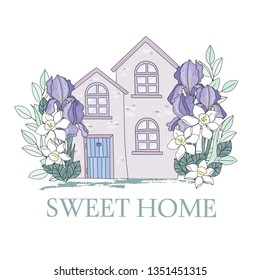 NARCISSUS GARDEN a house in the garden surrounded by a bouquet of flowers from daffodils and irises