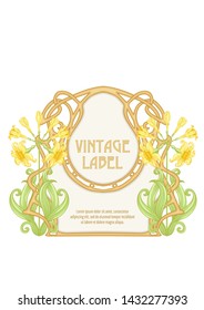 Narcissus. Label, decorative frame, border. Good for product label. with place for text Colored vector illustration. In art nouveau style, vintage, old, retro style. Isolated on white background.	
