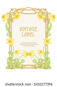 Narcissus. Label, decorative frame, border. Good for product label. with place for text Colored vector illustration. In art nouveau style, vintage, old, retro style. Isolated on white background.	