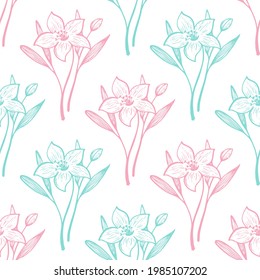 Narcissus or lily summer flower pink mint seamless vector pattern in hand drawn style. Lily isolated flowers, garden summer blossom organic seamless pattern. Lilies blossom black white floral design