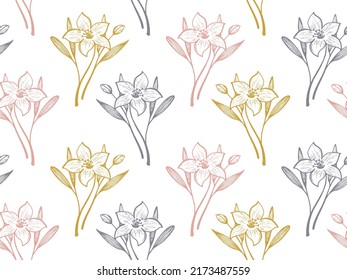 Narcissus or lily summer flower pink gray gold seamless vector pattern in hand drawn style. Lily isolated flowers, garden summer blossom organic seamless pattern. Lilies blossom floral design