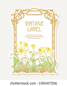 Narcissus, lily of the valley. Label, border. Good for product label. with place for text Colored vector illustration. In art nouveau style, vintage, old, retro style. Isolated on white background.	