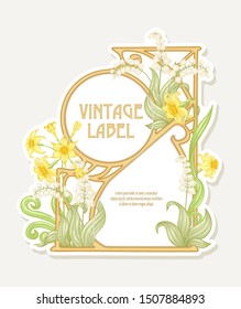 Narcissus, lily of the valley. Label, border. Good for product label. with place for text Colored vector illustration. In art nouveau style, vintage, old, retro style. Isolated on white background.	