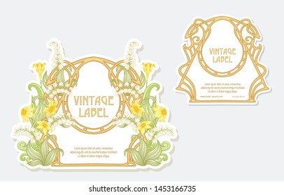 Narcissus, lily of the valley. Set of two labels. Good for product label with place for text. Vector illustration. In art nouveau style, vintage, old, retro style. Isolated on white background.	