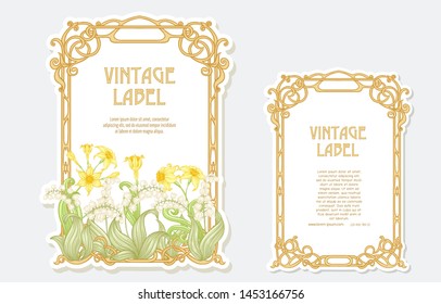 Narcissus, lily of the valley. Set of two labels. Good for product label with place for text. Vector illustration. In art nouveau style, vintage, old, retro style. Isolated on white background.	