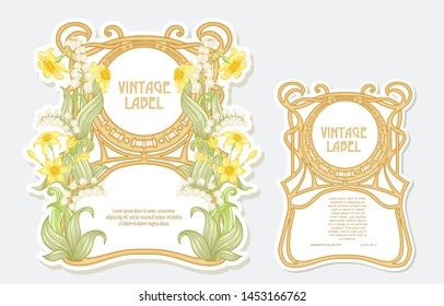 Narcissus, lily of the valley. Set of two labels. Good for product label with place for text. Vector illustration. In art nouveau style, vintage, old, retro style. Isolated on white background.	