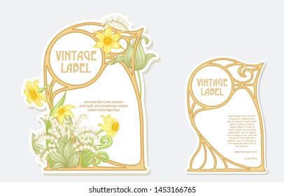 Narcissus, lily of the valley. Set of two labels. Good for product label with place for text. Vector illustration. In art nouveau style, vintage, old, retro style. Isolated on white background.	