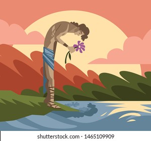 Narcissus In Love With His Own Reflex In The Water Greek Mythology Tale