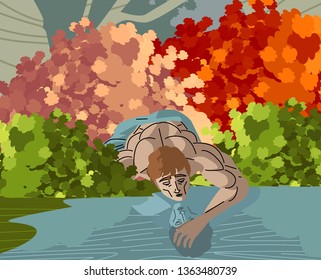 Narcissus Myth Watching His Reflex In The Water