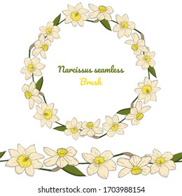 narcissus seamless brush. Flower elements for constucting postcards. White daffodil wreath