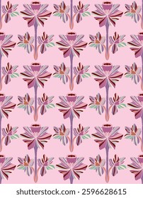 Narcissus. Seamless floral pattern with stylized decorative flowers and leaves in folk art style. Vintage ornamental print inspired by traditional motifs. Ideal for textiles, wallpaper and stationery.