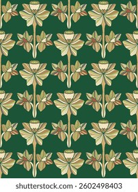 Narcissus. Seamless floral pattern with stylized decorative flowers and leaves in folk art style. Vintage ornamental print inspired by traditional motifs. Ideal for textiles, wallpaper and stationery.