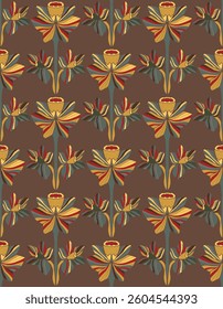 Narcissus. Seamless floral pattern with stylized decorative flowers and leaves in folk art style. Vintage ornamental print inspired by traditional motifs. Ideal for textiles, wallpaper and stationery.