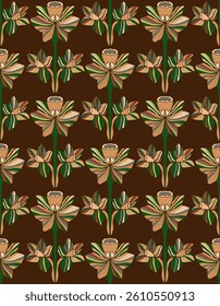 Narcissus. Seamless floral pattern with stylized decorative flowers and leaves in folk art style. Vintage ornamental print inspired by traditional motifs. Ideal for textiles, wallpaper and stationery.