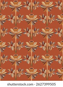Narcissus. Seamless floral pattern with stylized decorative flowers and leaves in folk art style. Vintage ornamental print inspired by traditional motifs. Ideal for textiles, wallpaper and stationery.