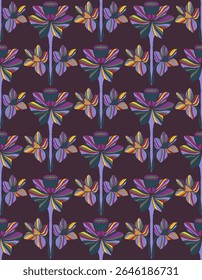 Narcissus. Seamless floral pattern with stylized decorative flowers and leaves in folk art style. Vintage ornamental print inspired by traditional motifs. Ideal for textiles, wallpaper and stationery.
