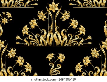 Narcissus. Seamless pattern, background. In art nouveau old style retro vintage style in gold and black colors.