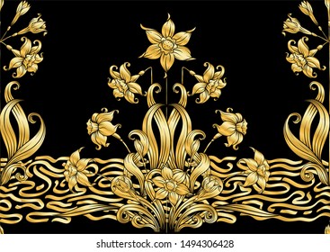 Narcissus. Seamless pattern, background. In art nouveau old style retro vintage style in gold and black colors.