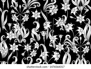 Narcissus. Seamless pattern, background. Black and white graphics. Vector illustration. In art nouveau style, vintage, old, retro style.	