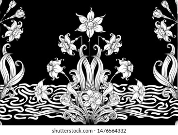 Narcissus. Seamless pattern, background. Black and white graphics. Vector illustration. In art nouveau style, vintage, old, retro style.	