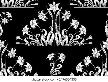Narcissus. Seamless pattern, background. Black and white graphics. Vector illustration. In art nouveau style, vintage, old, retro style.	