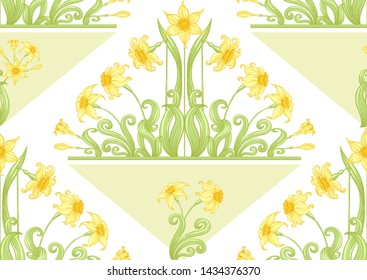 Narcissus. Seamless pattern, background. Colored vector illustration. In art nouveau style, vintage, old, retro style. In soft yellow colors. Isolated on white background.	