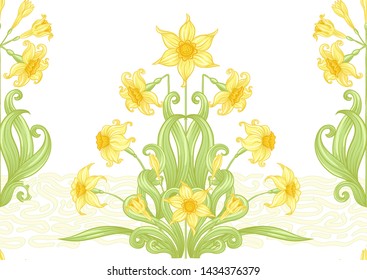 Narcissus. Seamless pattern, background. Colored vector illustration. In art nouveau style, vintage, old, retro style. In soft yellow colors. Isolated on white background.	