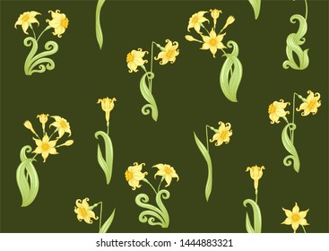 Narcissus. Seamless pattern, background. Colored vector illustration. In art nouveau style, vintage, old, retro style. In soft yellow colors. On army green background.	
