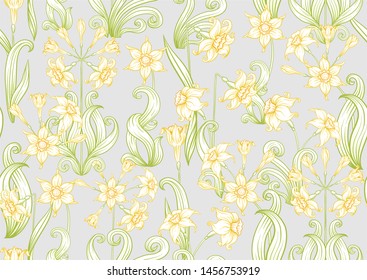 Narcissus. Seamless pattern, background. Colored vector illustration. In art nouveau style, vintage, old, retro style. In soft yellow colors. On soft grey background.	