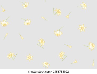Narcissus. Seamless pattern, background. Colored vector illustration. In art nouveau style, vintage, old, retro style. In soft yellow colors. On soft grey background.	