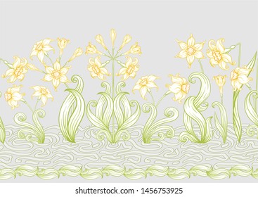 Narcissus. Seamless pattern, background. Colored vector illustration. In art nouveau style, vintage, old, retro style. In soft yellow colors. On soft grey background.	