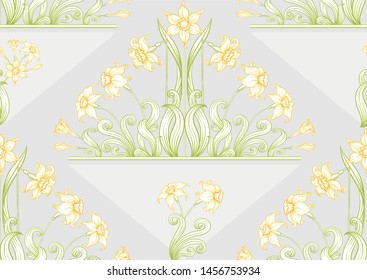Narcissus. Seamless pattern, background. Colored vector illustration. In art nouveau style, vintage, old, retro style. In soft yellow colors. On soft grey background.	