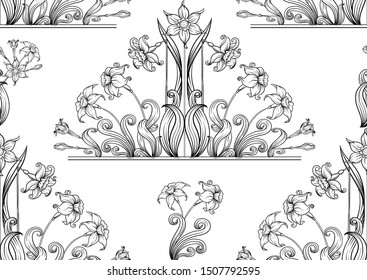 Narcissus. Seamless pattern, background. Outline hand drawing vector illustration. In art nouveau style, vintage, old, retro style.	