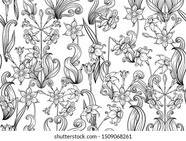 Narcissus. Seamless pattern, background. Outline hand drawing vector illustration. In art nouveau style, vintage, old, retro style.	